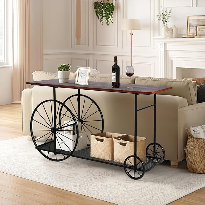 Vintage Industrial Console Table with Wagon Wheel Design, Rustic Wood Top with Metal Frame, 59.1 x 15.75 x 32.28 Inches, Storage Shelf Sofa Table