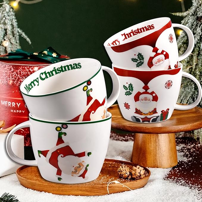 Merry Christmas Coffee Mug Huge Novelty Cup Funny Ceramic Soup Bowl with Handle, 30 oz Wide, Multi-purpose, Santa Mug for Co-workers, Friends, Holiday Decor, White Green Letters