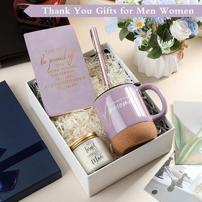 4 Pcs Thank You Gift Set for Women Men Coworker Employee Inspirational Appreciation Gifts Notebook Coffee Mug Scented Candle Pen for Valentine's Day Team Office Staff Teacher Nurse (Puple)