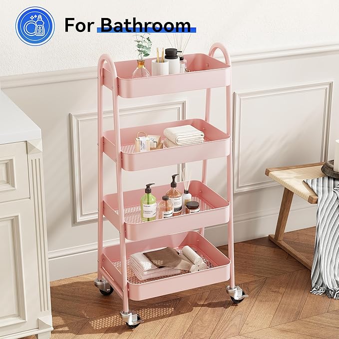 OLIXIS 4 Tier Utility Rolling Cart, Metal Mobile Storage Shelf with Lockable Caster Wheels, Organization for Livingroom, Bathroom & Narrow Places, 4-Tier Pink