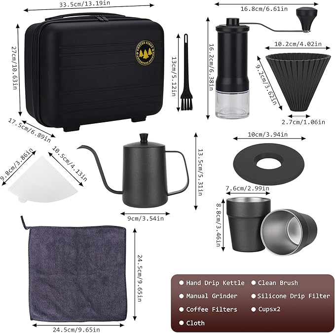9-Piece Pour Over Coffee Set, Travel Camping Coffee Maker Kit with SS Kettle & Grinder, Hand Drip Gear for Outdoor Home, 2025 Holiday Gift