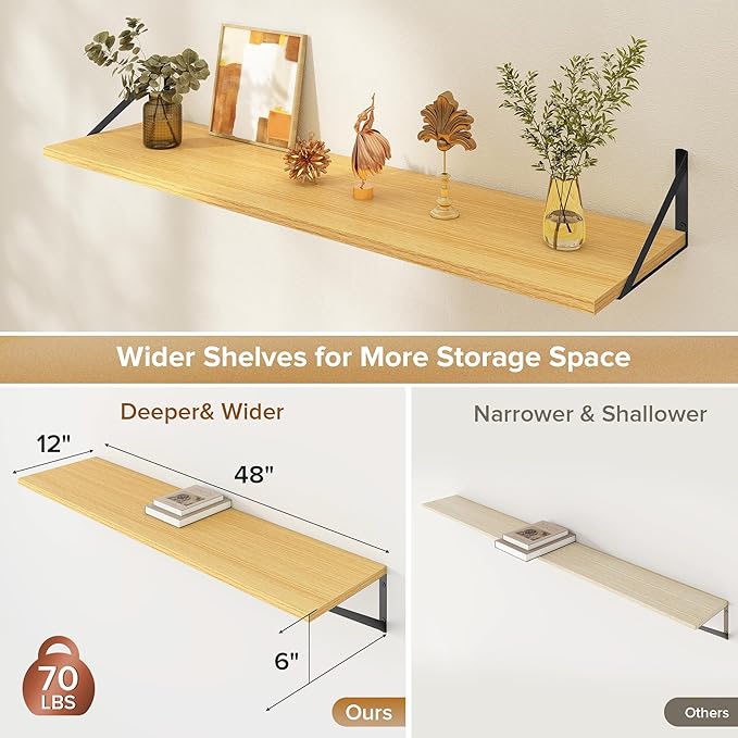 Deep Floating Shelves Wall Mounted, 48"x12" Oak Wall Shelves with Brackets Set of 2 for Bedroom, Living Room, Bathroom, Kitchen, Office - Storage & Display Shelf for Decor, Books, Plants