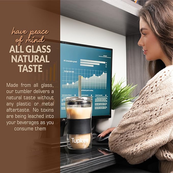 Tupkee Reusable Glass Straws - 8 Pack Clear Glass Drinking Straws 20-Ounce Double Wall Glass Travel Tumbler – Includes 4 Straight and 4 Bend 9” x 1cm Glass Straws with 3 Cleaning Brushes
