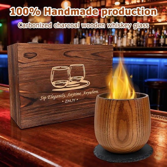 Charred Wooden Bourbon Drinking Glass 300 ML Set with Whiskey Stones, Gift Box, Tongs & Coasters – Unbreakable Oak Whiskey Cups for Bourbon Lovers, Ideal Gift for Dad, Men, Husband