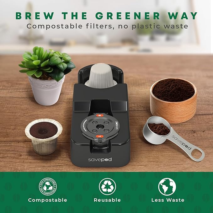 Savepod Coffee Pod Maker – Lite Reusable Pod Maker Kit Includes Universal Ring, Stainless Steel Scoop, 50 Compostable Filters & Manual PodMaker for Keurig Coffee Maker, Easy Daily Coffee Refill