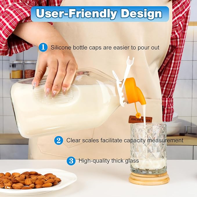 2 Quart (64 Oz) Glass Milk Bottle with Handle, Water Jug with Scale/Nut Milk Bag/Pour Spout/Airtight Lid, Reusable Carafe Container Pitcher for Milk, Tea, Juice, Coffee Beverage-1/2 Gal 1 Pack