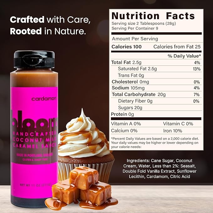Bloom Caramel Cardamom Coconut Caramel Sauce – Vegan, Dairy-Free Dessert Topping, Small Batch Artisanal Quality, Made with Premium Ingredients, Perfect for Coffee, Ice Cream, and Baking – 22oz