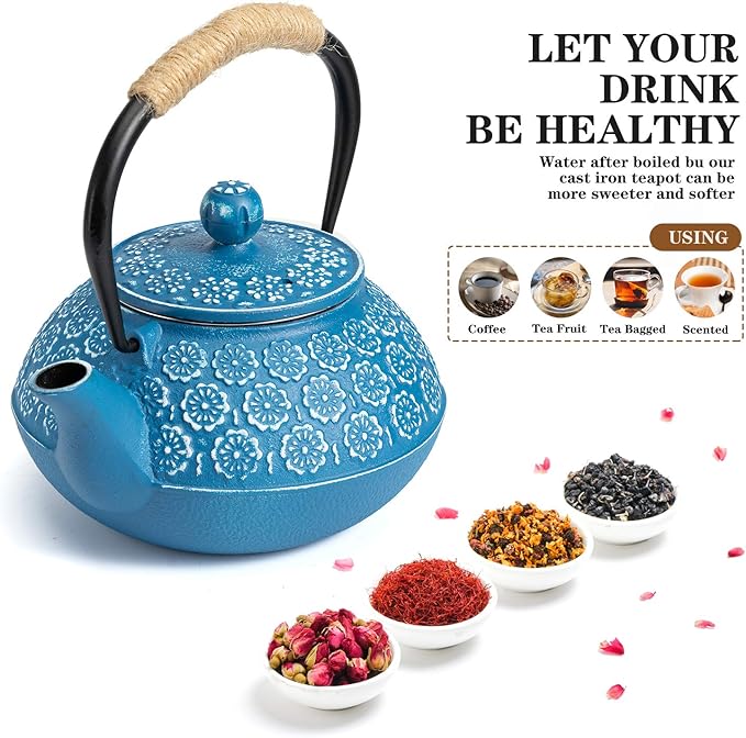 Sotya Cast Iron Teapot, 30oz/900ml Japanese Tetsubin Tea Pot with Infuser for Loose Leaf and Tea Bags, Tea Kettle Coated with Enameled Interior for Stove Top, Dark Blue