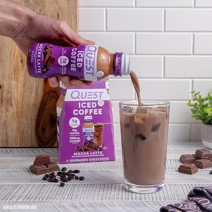 Quest Nutrition Iced Coffee, Mocha Latte, 1g of Sugar, 10g of Protein, 90 calories, 200mg of caffeine, 4 Count