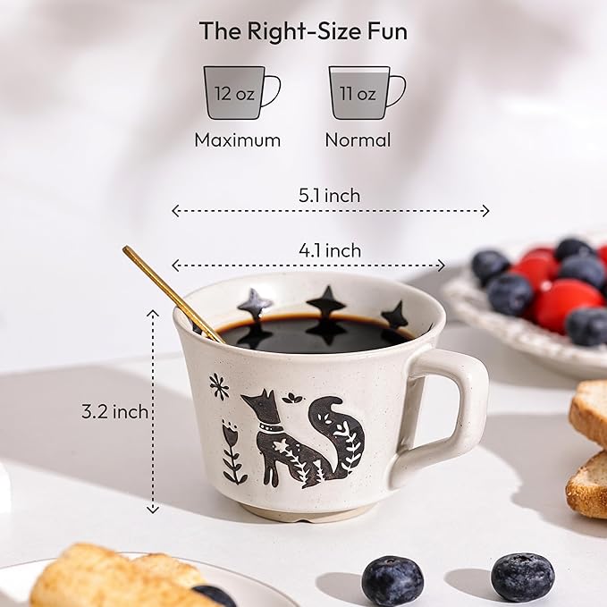 LINVIA Ceramic Coffee Mug, 12 oz Novelty Unique Teacup with Handle, Stoneware Cup for Tea Mocha Latte Cappuccino Espresso (Set of 2, Fox and Bear)