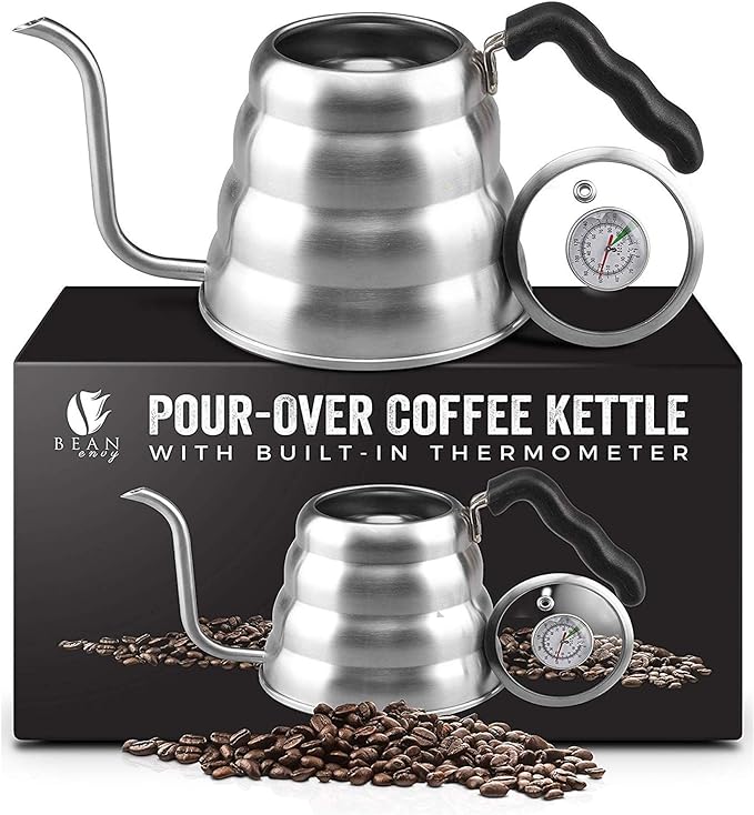 Bean Envy Pour Over Coffee Kettle, Small Gooseneck Kettle with Thermometer and Ergonomic handle, Pour Over Kettle Stainless Steel 40 Oz, Gooseneck Tea Kettle for all occasions.