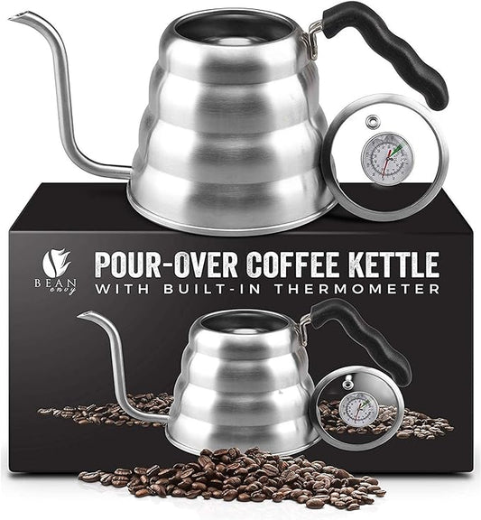 Bean Envy Pour Over Coffee Kettle, Small Gooseneck Kettle with Thermometer and Ergonomic handle, Pour Over Kettle Stainless Steel 40 Oz, Gooseneck Tea Kettle for all occasions.