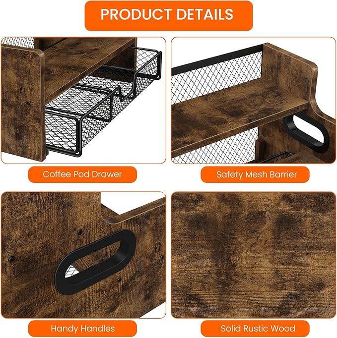 Homode Coffee Syrup Rack Organizer, 3-Tier 8 Bottles Syrup Holder Stand with 35 K Cup Storage Basket Drawer for Coffee Bar, Wood Liquor Shelf Wine Rack Countertop for Home, Rustic Brown