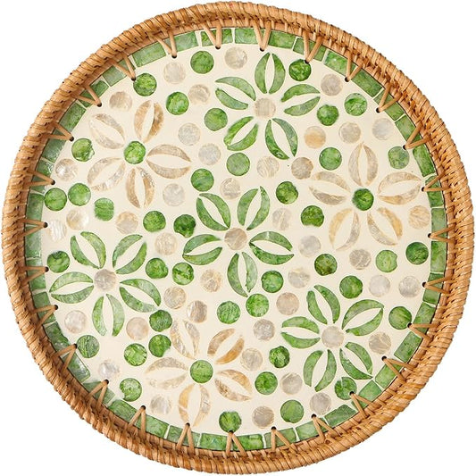 Round Rattan Tray with Mother of Pearl Inlay, Decorative Wicker Serving Tray with Wooden Base, Woven Basket Trays for Bread Fruits Coffee, Starfruit