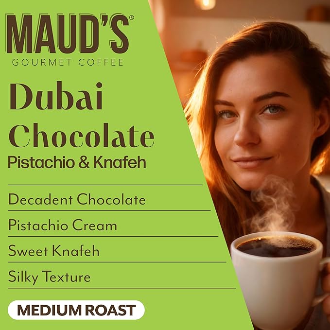 Maud's Dubai Chocolate Flavored Coffee Pods, 36 ct, Medium Roast Flavored Coffee in Recyclable Single Serve Pods – 100% Arabica Beans, Compatible with Keurig K Cups Maker