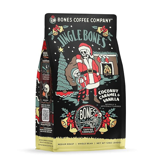 Bones Coffee Company Jingle Bones, Caramel Vanilla Coconut Flavored Coffee, Medium Roast Low Acid Arabica Beans Compatible with Auto drip and French Press Coffee Maker, 12 Oz Whole Bean