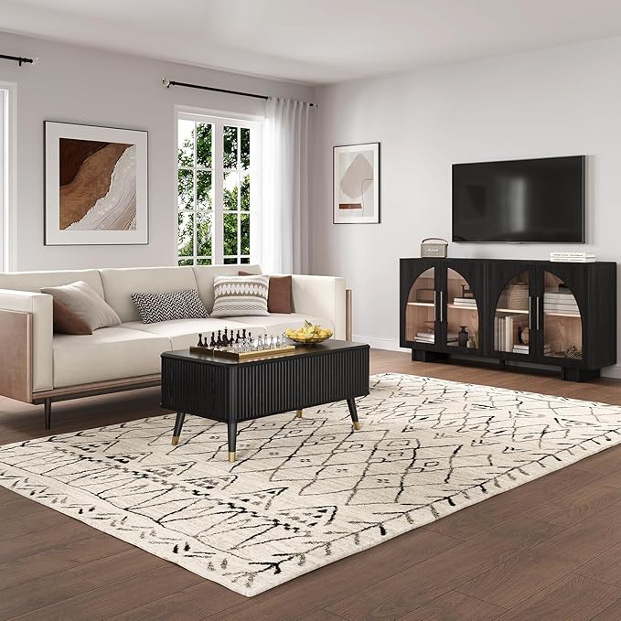 Lift Top Coffee Table with Storage, Modern Black Fluted Design, Pop-Up Center Table with Hidden Compartment for Living Room & Home Office Work/Dining