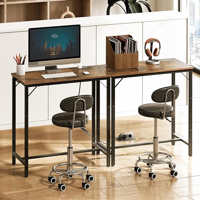 HOOBRO Bar Table with Charging Station, Rectangular Pub Table, High Top Coffee Table, Counter Bar Height Table, Narrow Long Dining Table, 35.4" L x 15.7" W x 35.6" H, Rustic Brown and Black BF90UBT01