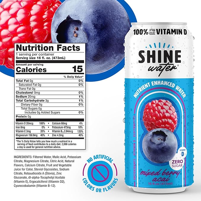Shine Water Mixed Berry Acai Vitamin D Electrolyte Drink | Zero Sugar Hydration Beverage with Magnesium, Zinc & Antioxidants | Low Calorie Plant-Based Vitamin Water | 12 Pack