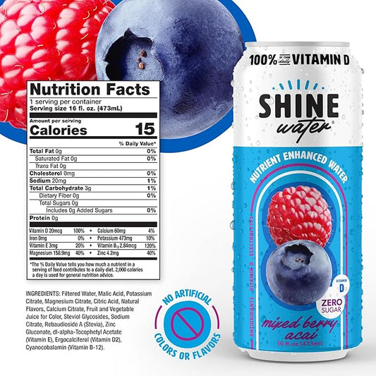 Shine Water Mixed Berry Acai Vitamin D Electrolyte Drink | Zero Sugar Hydration Beverage with Magnesium, Zinc & Antioxidants | Low Calorie Plant-Based Vitamin Water | 12 Pack