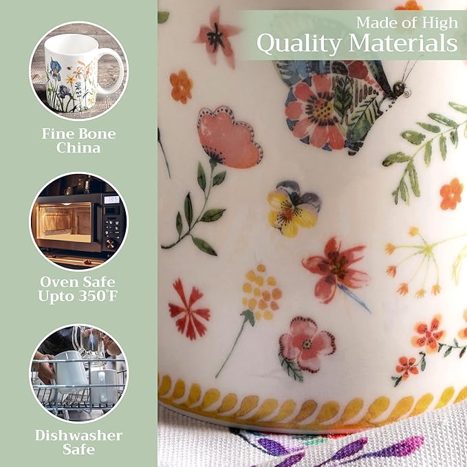Maison d' Hermine Coffee Mug with Handles Fine Bone China Mugs Pack of Two Tea Cups for Hot Beverages Cappuccino Latte Home Restaurant Office Perfect for Gift (Happy Florals - Sweety, 12 Ounce)