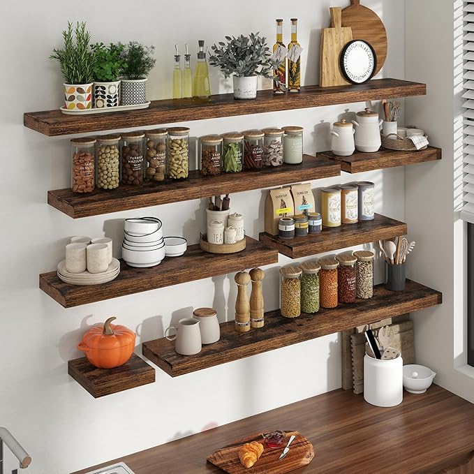 36 Inch Floating Shelves for Wall, 8 Inch Deep Floating Shelf for Storage & Display, Wall Mounted Shelf with Invisible Brackets for Living Room, Kitchen, Bathroom, Home Decor, Set of 2, Rustic Brown
