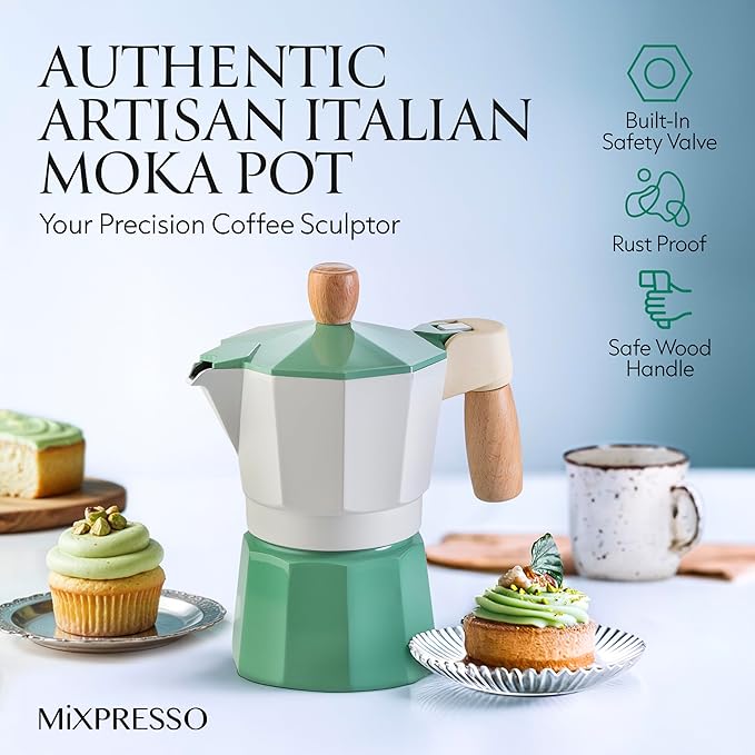 Mixpresso Moka Pot 3 Cup (5 oz Total) – Stovetop Espresso Maker for Gas & Electric Stove, Aluminum Cuban & Italian Coffee Maker, Small Size Espresso Brewer