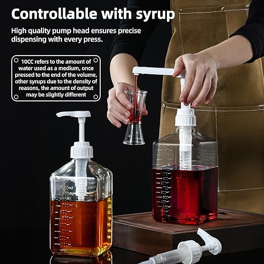 Large Capacity Syrup Dispenser for Coffee Bar, Pump Dispenser 54oz 1600ml PET Syrup Bottle w Measuring Cup and Funnel, Dispenser Bottle w Upgraded Pump (10cc Thicker PET)