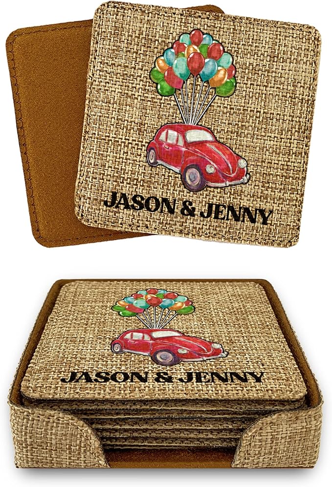 Smile Art Design Family Couple Names Custom Drink Coaster Set of 6 with Base Square Burlap Material Car Design Personalized Prints Personalized Gifts House Warming Rustic Decor Style9