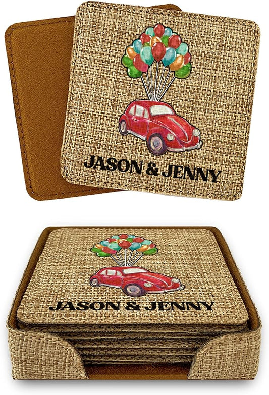 Smile Art Design Family Couple Names Custom Drink Coaster Set of 6 with Base Square Burlap Material Car Design Personalized Prints Personalized Gifts House Warming Rustic Decor Style9