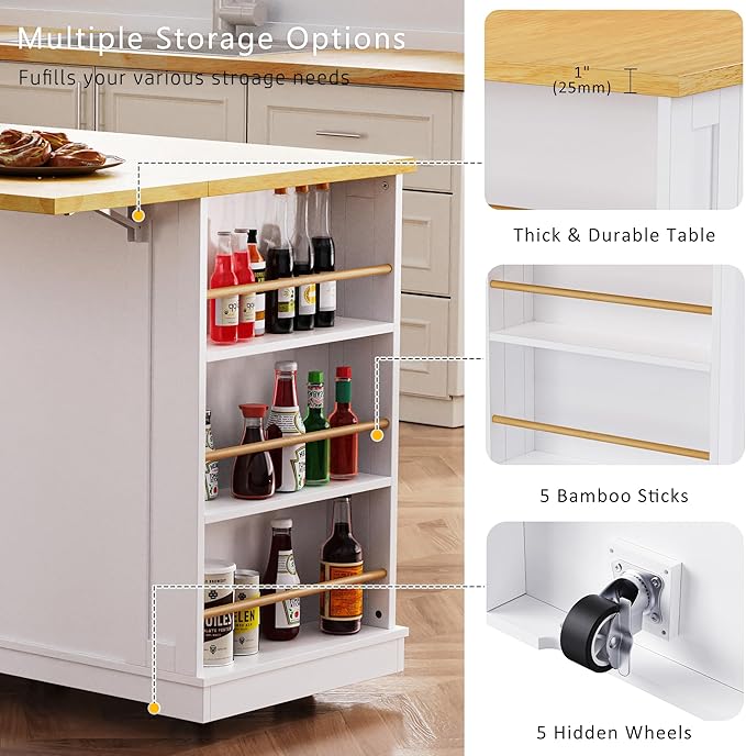 Rolling Kitchen Island with Drop Leaf & Power Outlet, Large Kitchen Islands Cart on Wheels, Movable Kitchen Island with 5 Open Storage Shelves & Towel Rack for Kitchen, Dining Room, 53-Inch, White