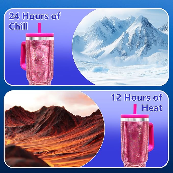 40-OZ Insulated Water Bottle,Insulated Stainless Steel Tumbler,Reusable Cold Drink Thermos,BPA-Free, Double-Wall Stainless Steel Water Bottle (Rose Red-Diamond, 40, Fluid Ounces)