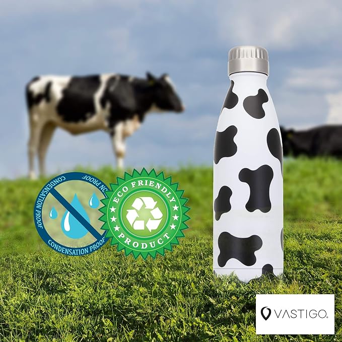 Holstein Cow Print Water Bottle - 17oz Vacuum Insulated Stainless Steel Bottle - Double Wall Copper Lined Thermos - Leak Proof & Sweat Free - Aesthetic Cow Gifts for Women & Adults by Vastigo