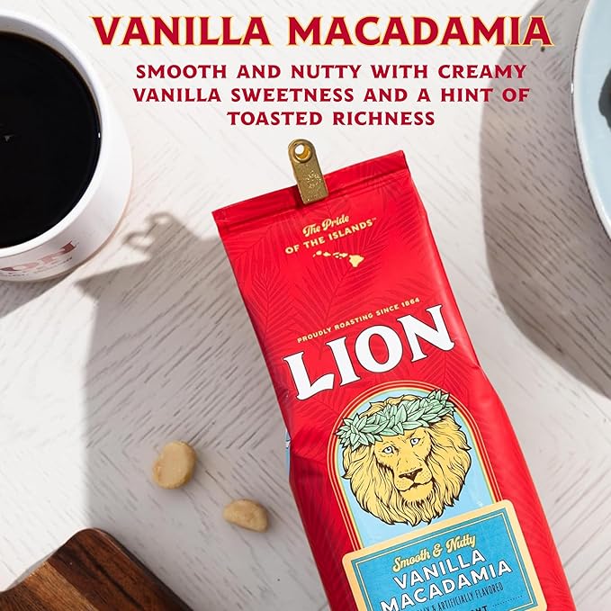 Lion Coffee Vanilla Macadamia Flavored Ground Coffee, Light Roast, Hawaiian Inspired Taste - 24 Ounce Bag