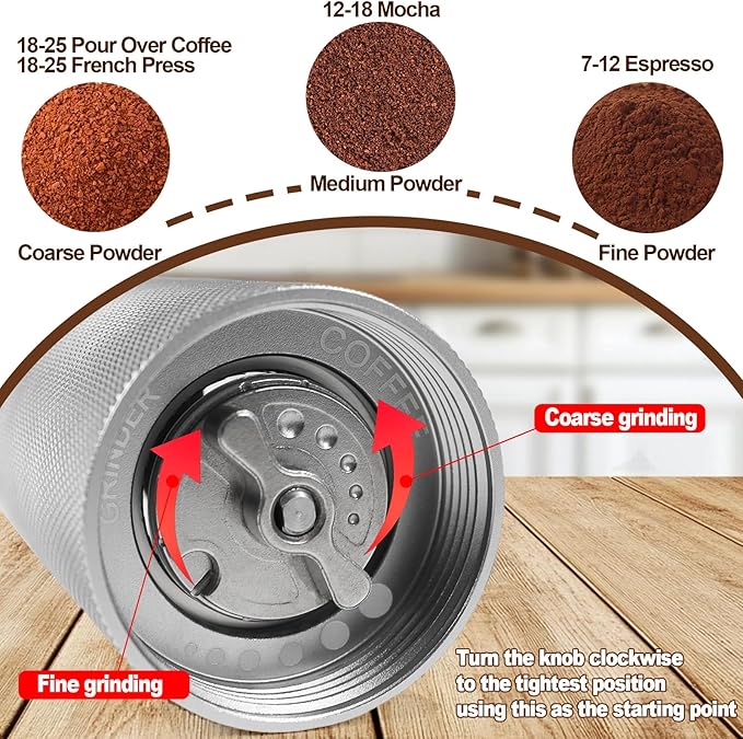 Manual Coffee Grinder Non-Detachable Stainless Steel Conical Burr Aluminum Coffee Bean Grinder with 25 Grinding Settings Cleaning Brush Grindable Espresso Moka Pot French Press for Camping Silver