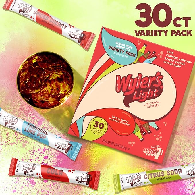 Wyler’s Light Singles To Go Water Drink Mix, Soda-Inspired Flavor Pack, 30 Sticks (Cola, Tropical Lime Pop, Spiced Cherry, Citrus Soda), Sugar Free, Low Calorie