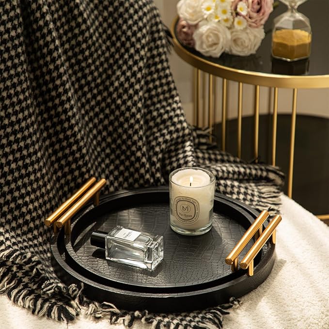 Decorative Serving Trays, Set of 2 Wood Modern Crocodile Leather Round Tray with Polished Metal Handles, Decorative Trays Coffee Table Tray Ottoman Platter for Home Decor (Black)
