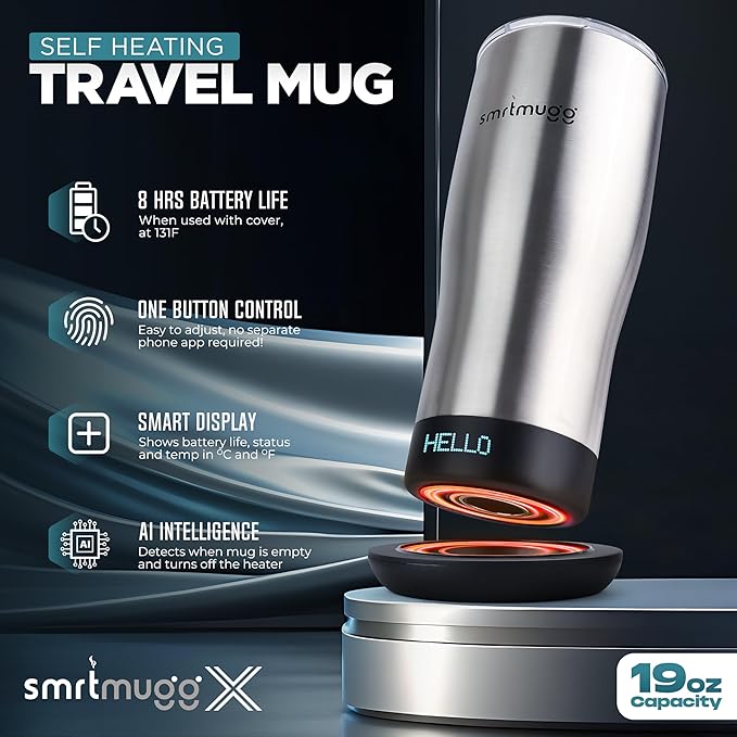 X Heated Coffee Mug 19 oz., 8 Hour Battery Life, Self-Heating, Adjustable Temp Controlled, LCD Screen, Includes Cover with Magnetic Slider (Black) (Stainless Steel)