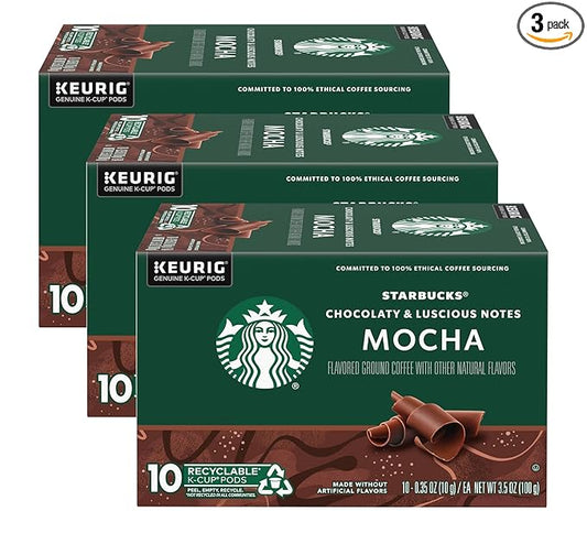 Starbucks Flavored Coffee K-Cup Pods, Mocha Flavored Coffee, Made without Artificial Flavors, Keurig Genuine K-Cup Pods, 10 CT K-Cups/Box (Pack of 3 Boxes)