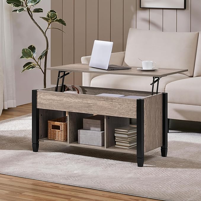 Yaheetech Gray Coffee Table, Lift Top Coffee Table with Hidden Compartment & Shelf, Lift Up Dining Table for Living Room Reception, Retro Central Table with Wooden Lift Tabletop, 41 inch L
