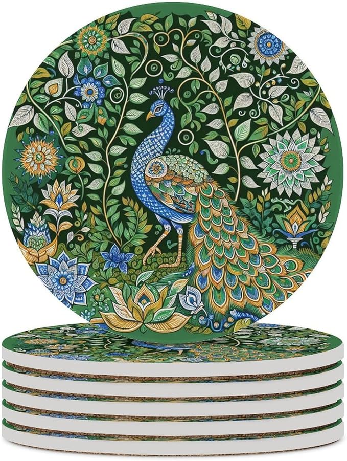 Round-6PCS Peacock Ceramic Coasters, Round Absorbent Drink Coasters, Beautiful Green Plant Floral Peacock Boho Art Pattren Ceramic Table Coasters for Coffee, Beverage, Wine, Beer Coasters