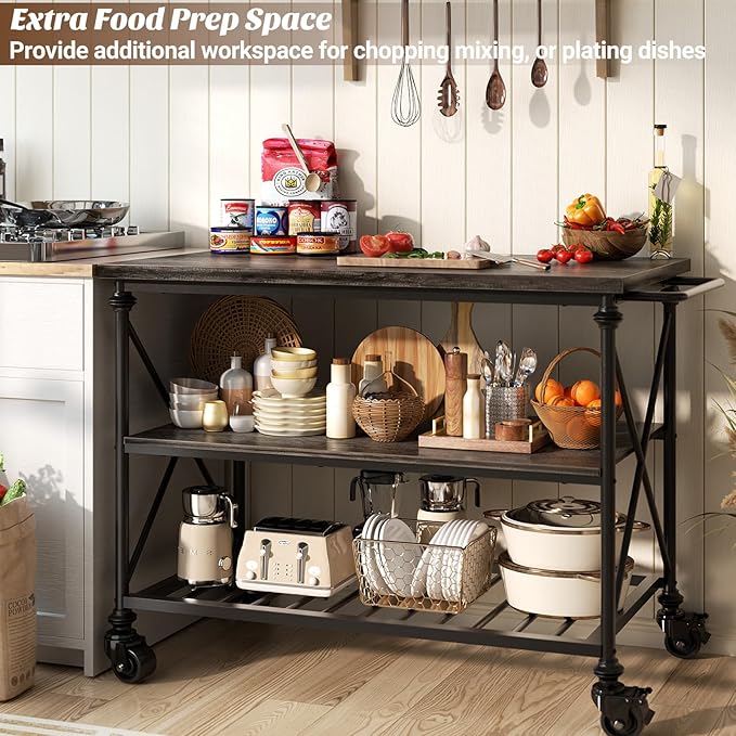 Homieasy Kitchen Island Cart with Wheels, 3-Tier Wood and Metal Rolling Kitchen Island Table with Pipe Legs, Storage Shelves & Lockable Casters for Kitchen Dining Room, Black Oak