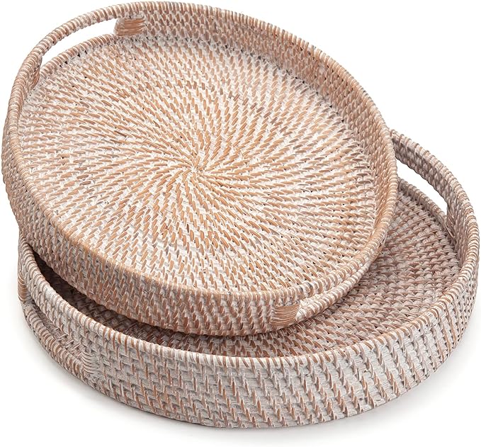 Round Rattan Serving Tray Decorative Woven Ottoman Trays with Handles for Coffee Table White (Small 11.8 inch x 2 inch)