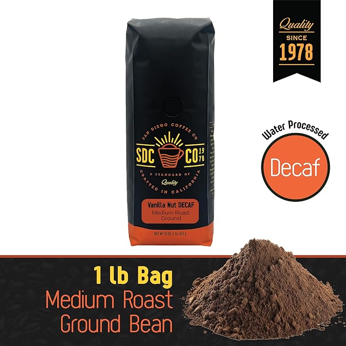 San Diego Coffee DECAF Vanilla Nut, Medium Roast, Ground Coffee, 16-Ounce Bag Café descafeinado molido tostado