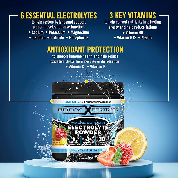 Body Fortress Electrolyte Powder Strawberry Lemonade - Rapid Hydration Drink Mix with 6 Essential Electrolytes & 3 B Vitamins - Sugar Free, Keto Friendly, No Color Added, Clear Hydration - 30 Servings