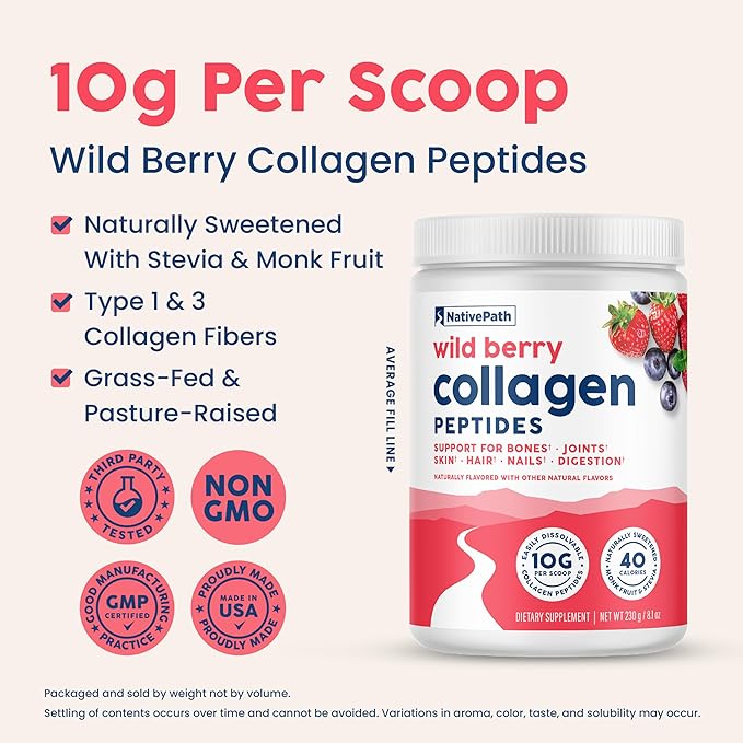 NativePath Wild Berry Collagen Peptides Powder - 10g Grass-Fed Type 1 & 3, 23 Servings - for Hair, Skin, Nails & Joints - Keto & Paleo, No Gluten, No Dairy (8.1 oz)