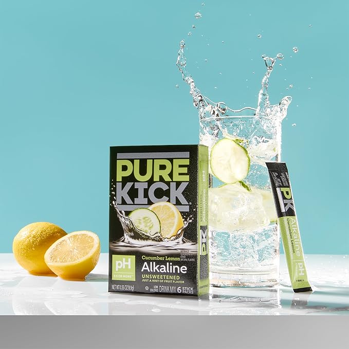 Pure Kick Alkaline pH 8.5 or Higher Cucumber Lemon Powdered Drink Mix Packets, Unsweetened with a Hint of Flavor - 72 Total Packets (12 Boxes, 6 Each), Singles to Go!