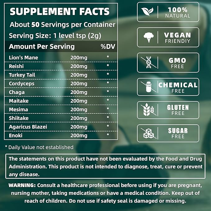 Mushroom Powder, 10-in-1 Mushroom Blend for Coffee, Smoothies & Drinks - Natural Focus, Energy Booster & Immune Support Supplement - 3.53 oz / 100g
