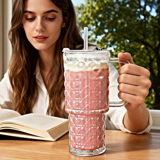 26oz Glass Cups with Lids and Straws,2 Pack Tumbler With Handle Mason Jar Wide Mouth Reusable Drinking Glasses with Lid and Straw Smoothie Tumbler Iced Coffee Beer Cup Travel Mug(Diamond)