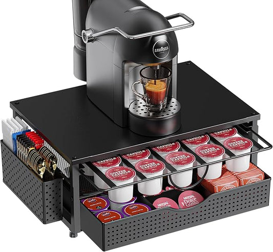 K Cup Holder, Coffee Pod Holder with 2 Tier Sliding Storage Drawer and 1 Hanging Basket for 51 Large or 73 Small Capsule,K Cup Coffee Station Organizer Accessories for Counter,Home,Office,Kitchen